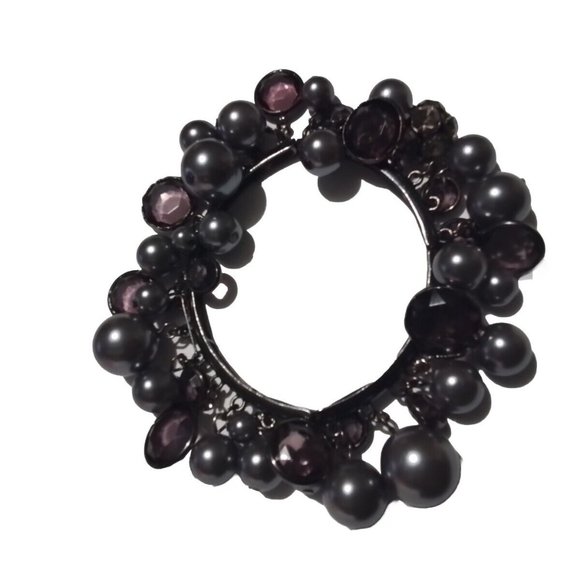 Black Pearl And Purple Crystals Streach Bracelet Vintage Pb1 - Picture 1 of 3